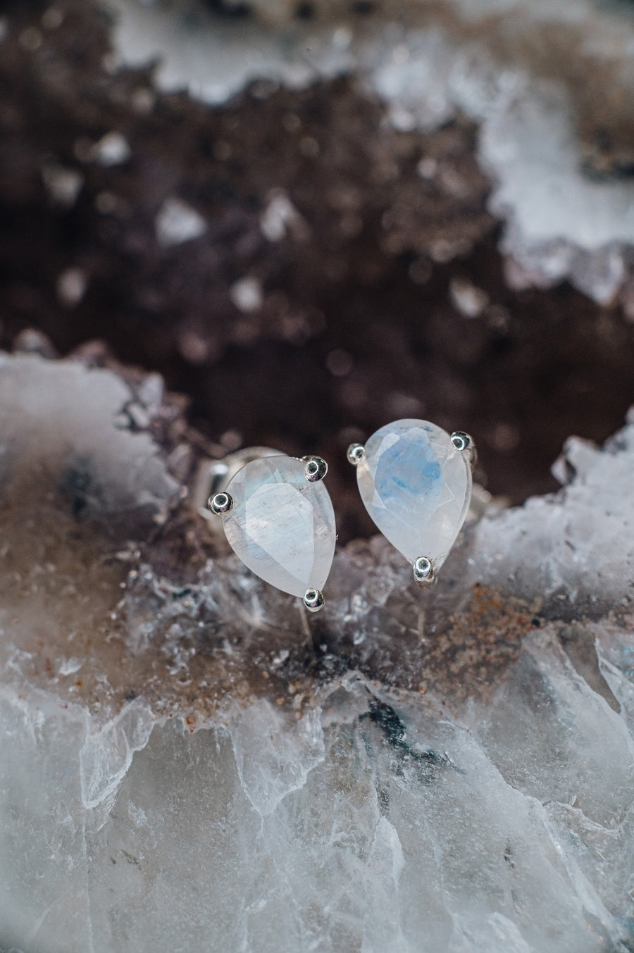 Teardrop moonstone silver stud earrings