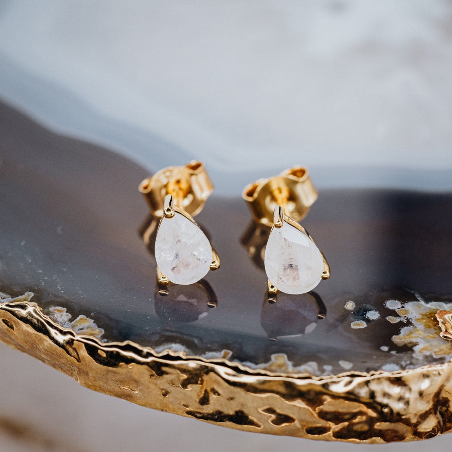 Teardrop moonstone gold stud earrings