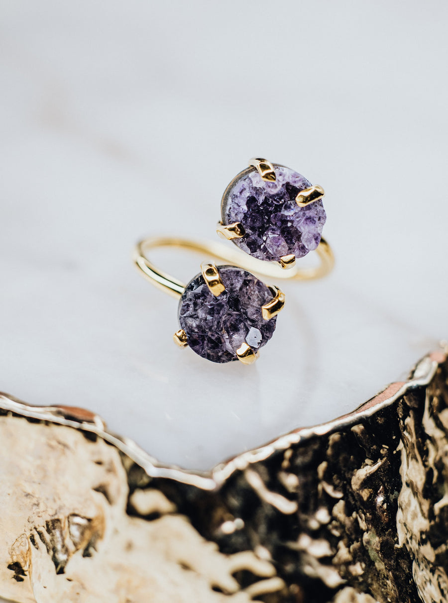 Amethyst double ring 18K gold plated