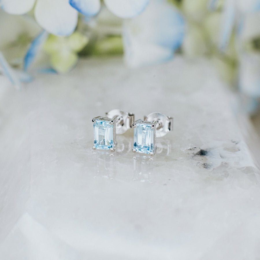 Blue topaz rectangular stud earrings