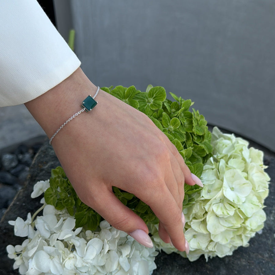 Green onyx silver rectangular bracelet