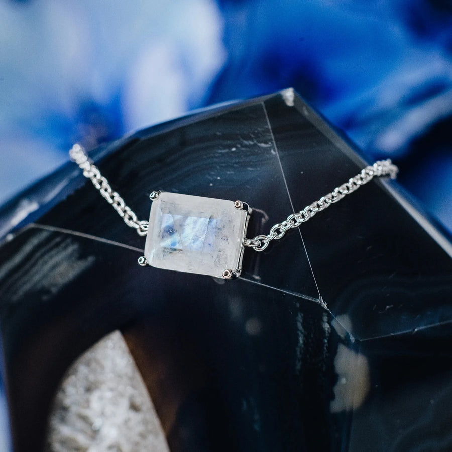 Moonstone rectangular silver necklace