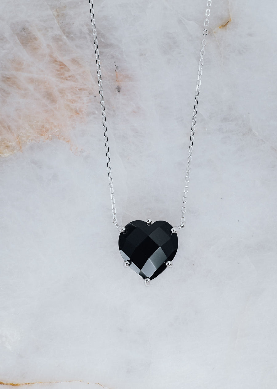 Black onyx silver heart necklace
