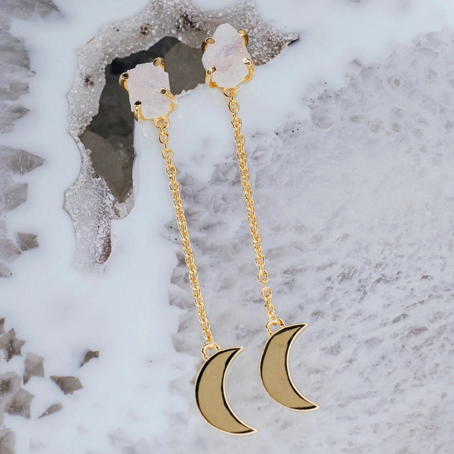 Moon shaped raw moonstone 18K drop earrings