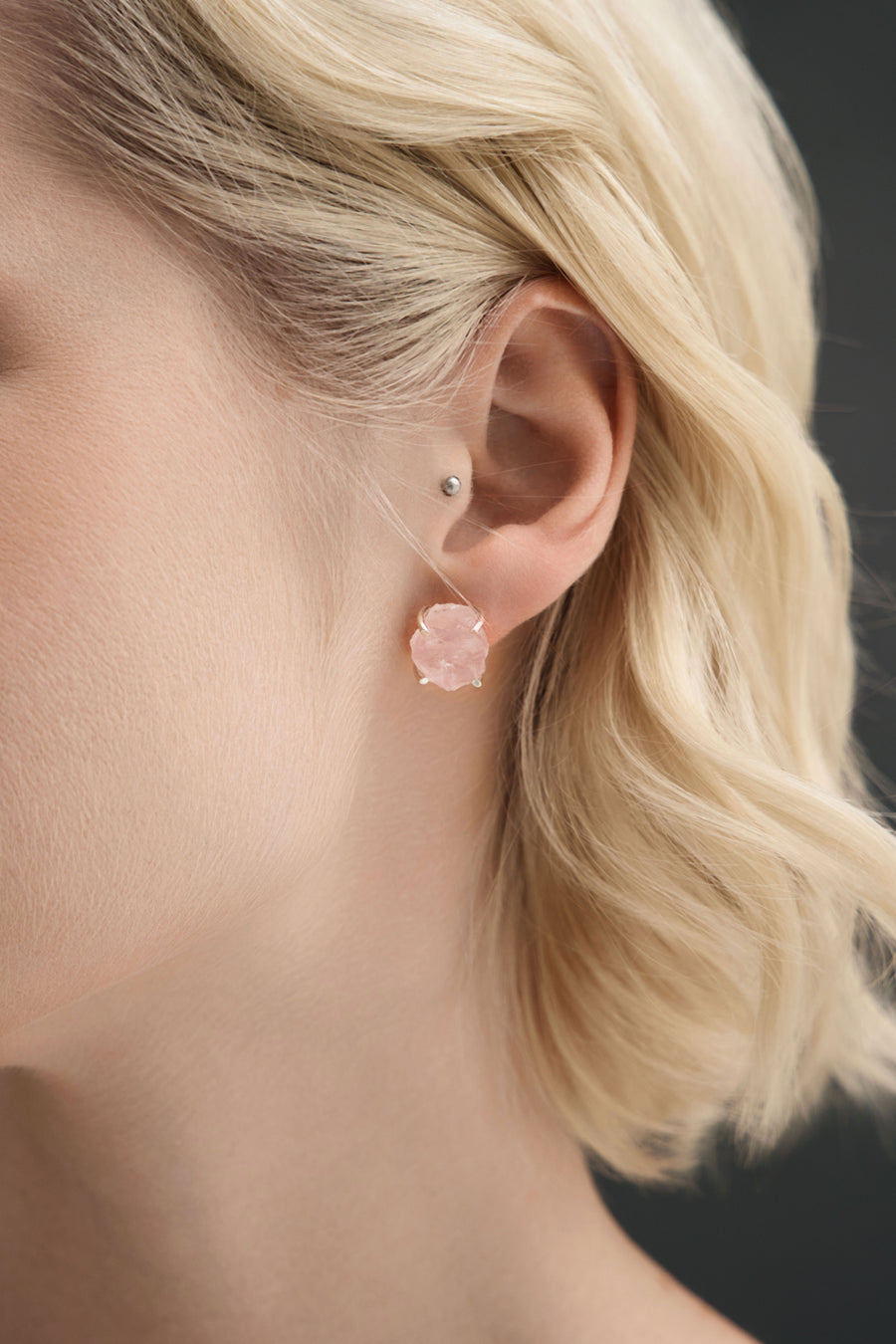 Rose quartz raw silver earrings