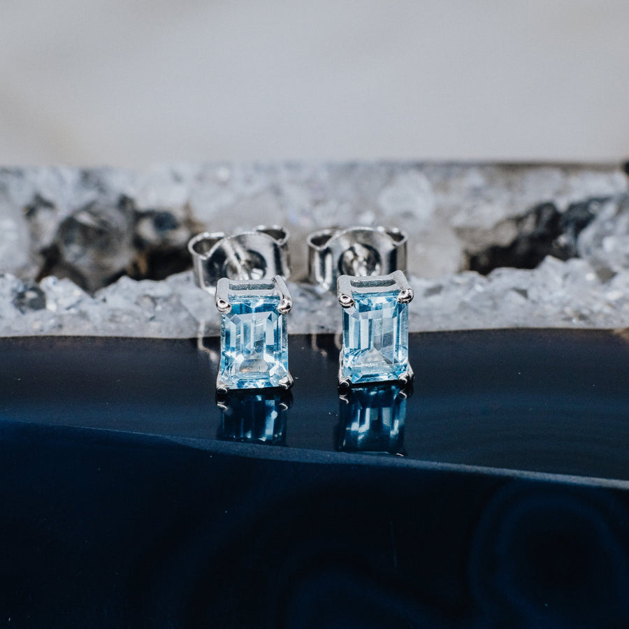 Blue topaz rectangular stud earrings