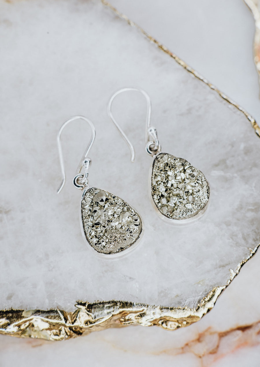 Pyrite teardrop hook silver earrings