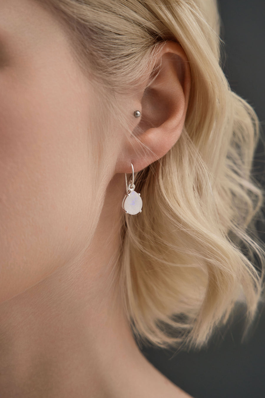 Teardrop moonstone hook silver earrings