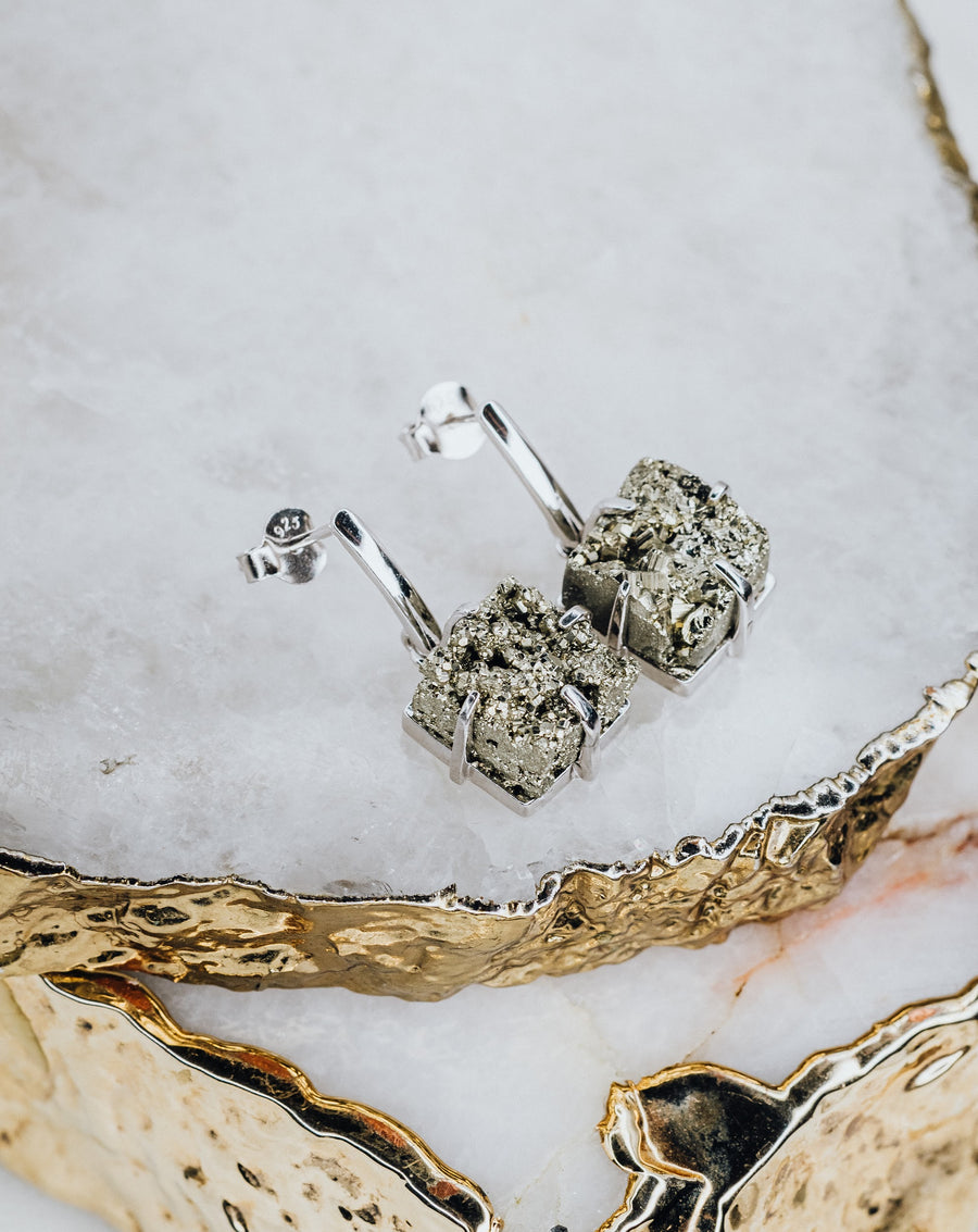 Pyrite square silver earrings