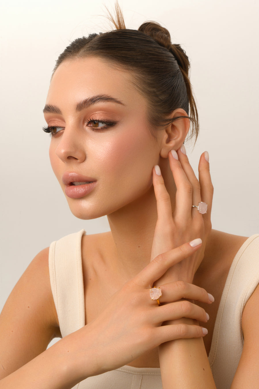 Rose quartz adjustable raw silver ring