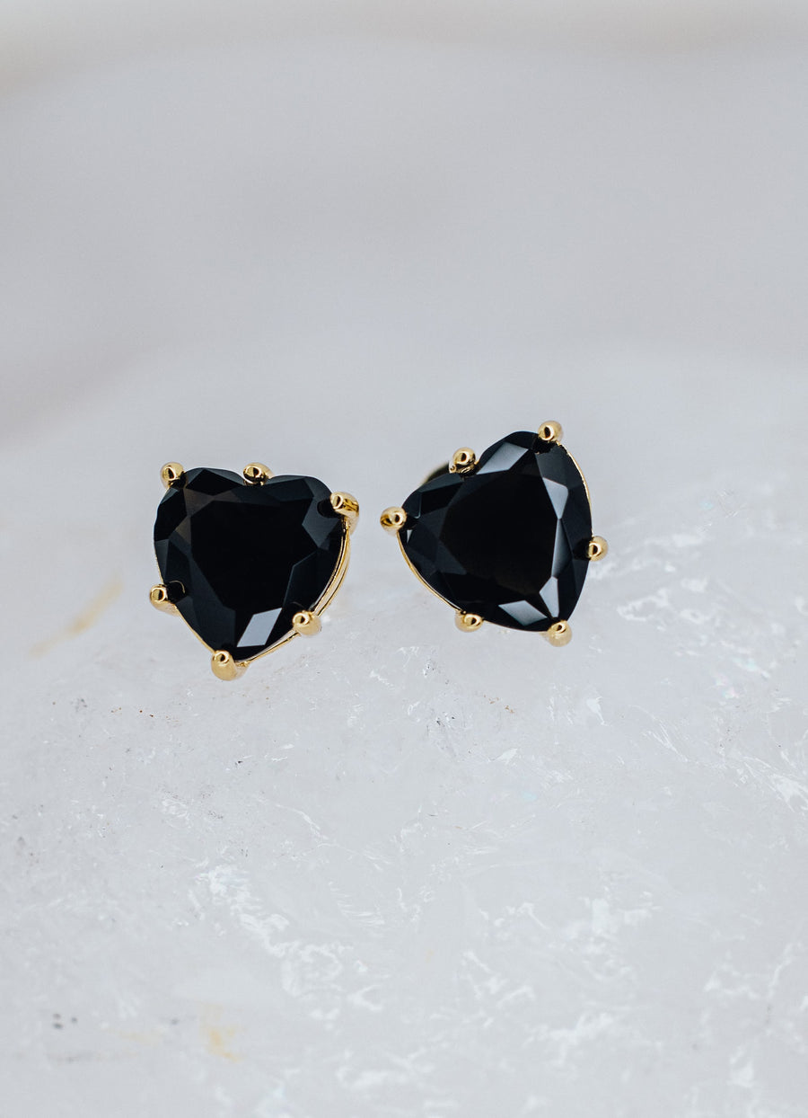 Black onyx 14K heart stud earrings