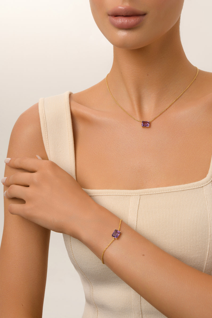 Amethyst 14K plated rectangular necklace