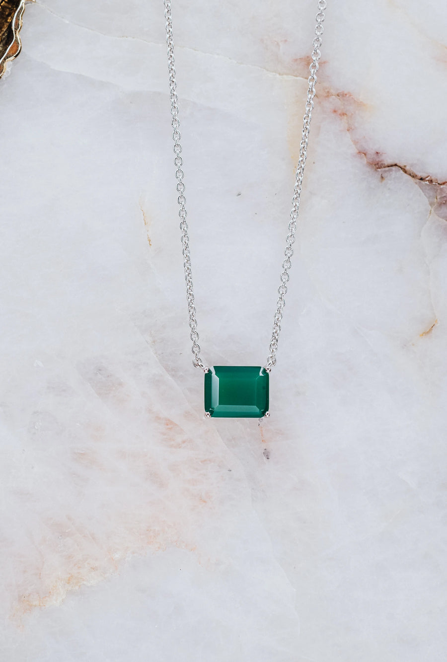 Green onyx silver rectangular necklace