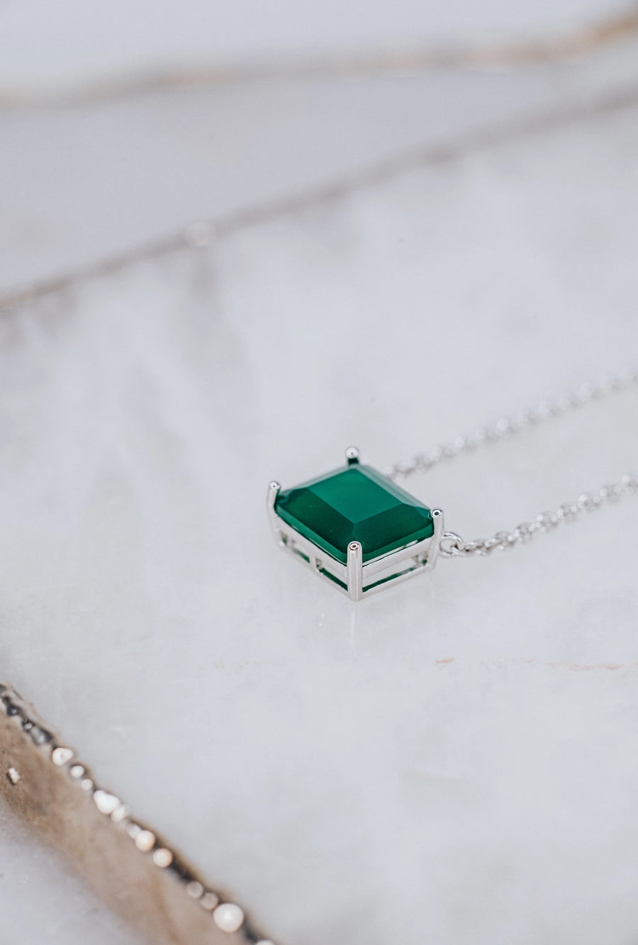 Green onyx silver rectangular necklace