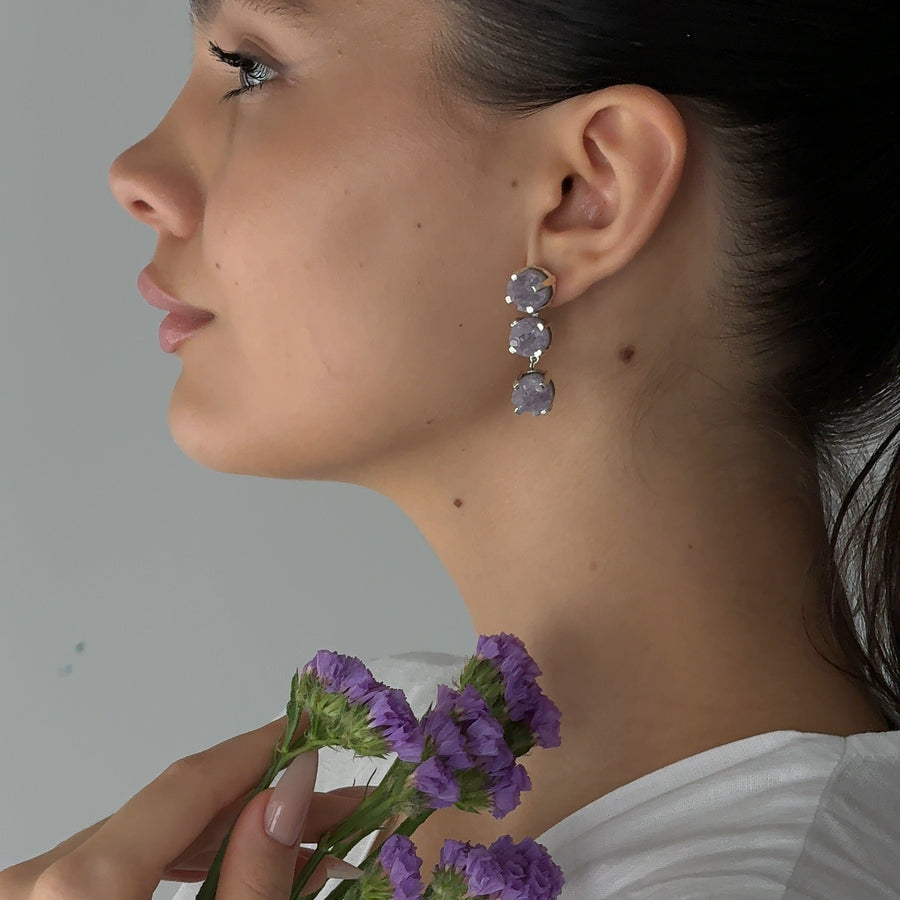 Triple amethyst silver earrings