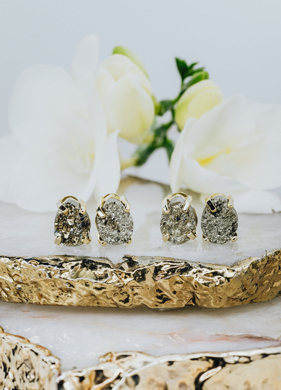 Pyrite teardrop silver stud earrings