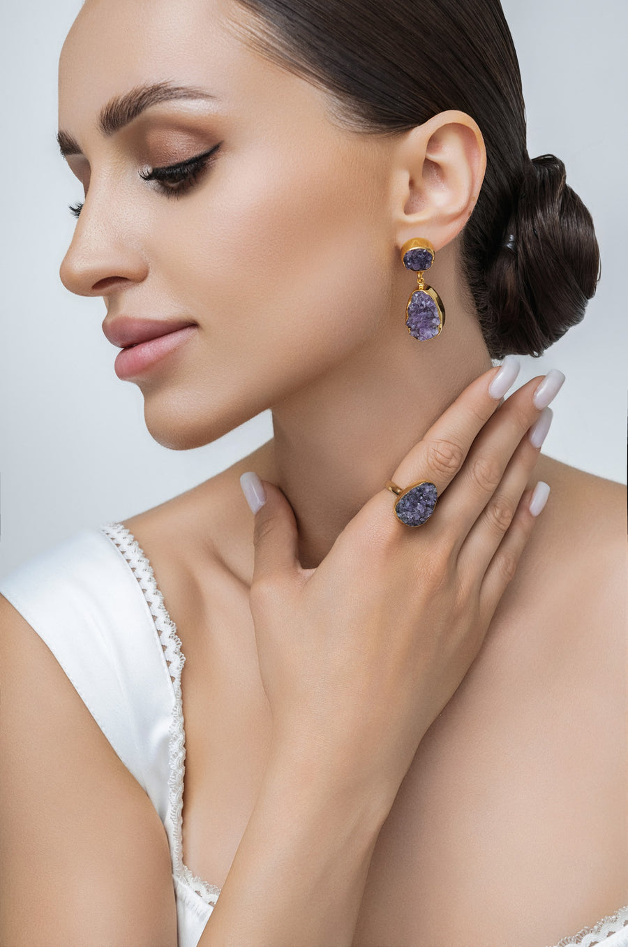 Boucles d'oreilles en Améthyste Druzy plaqué or 18K