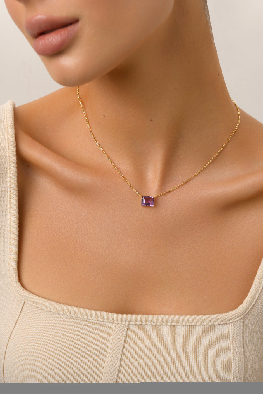 Amethyst 14K plated rectangular necklace