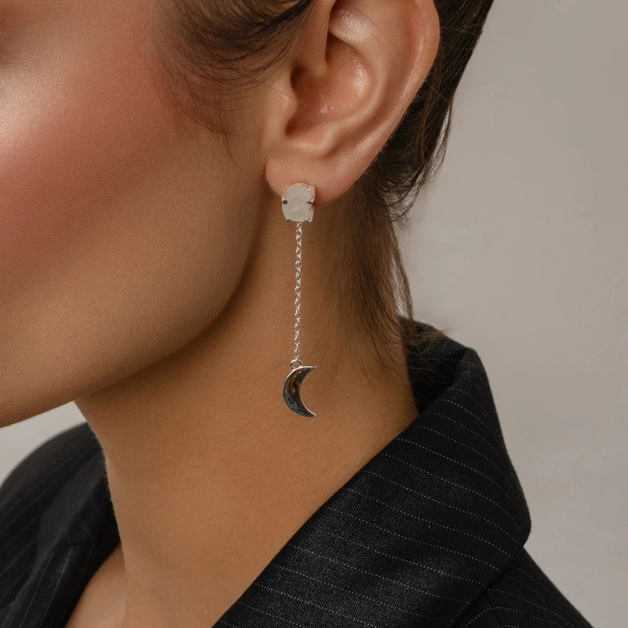 Boucles d'oreilles pendantes lune en pierre de lune brute