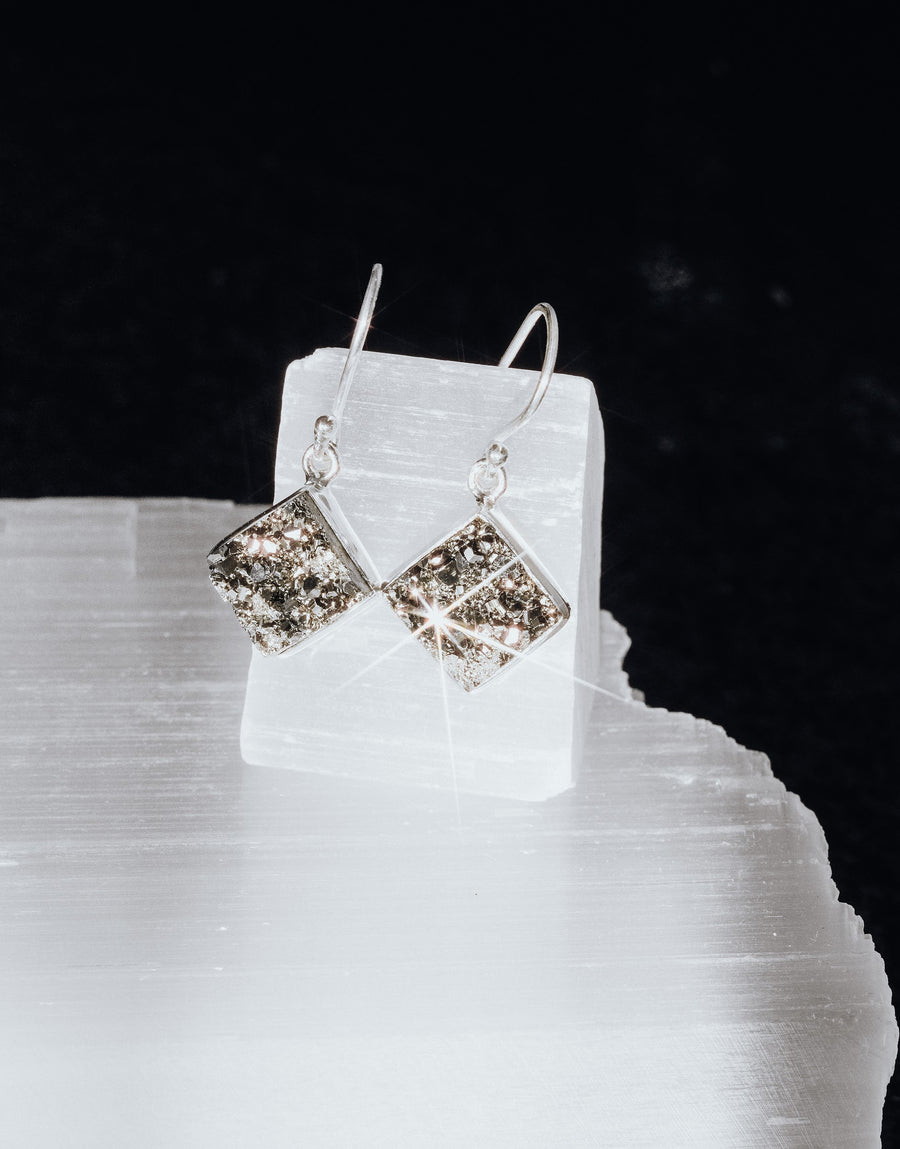 Pyrite square silver earrings