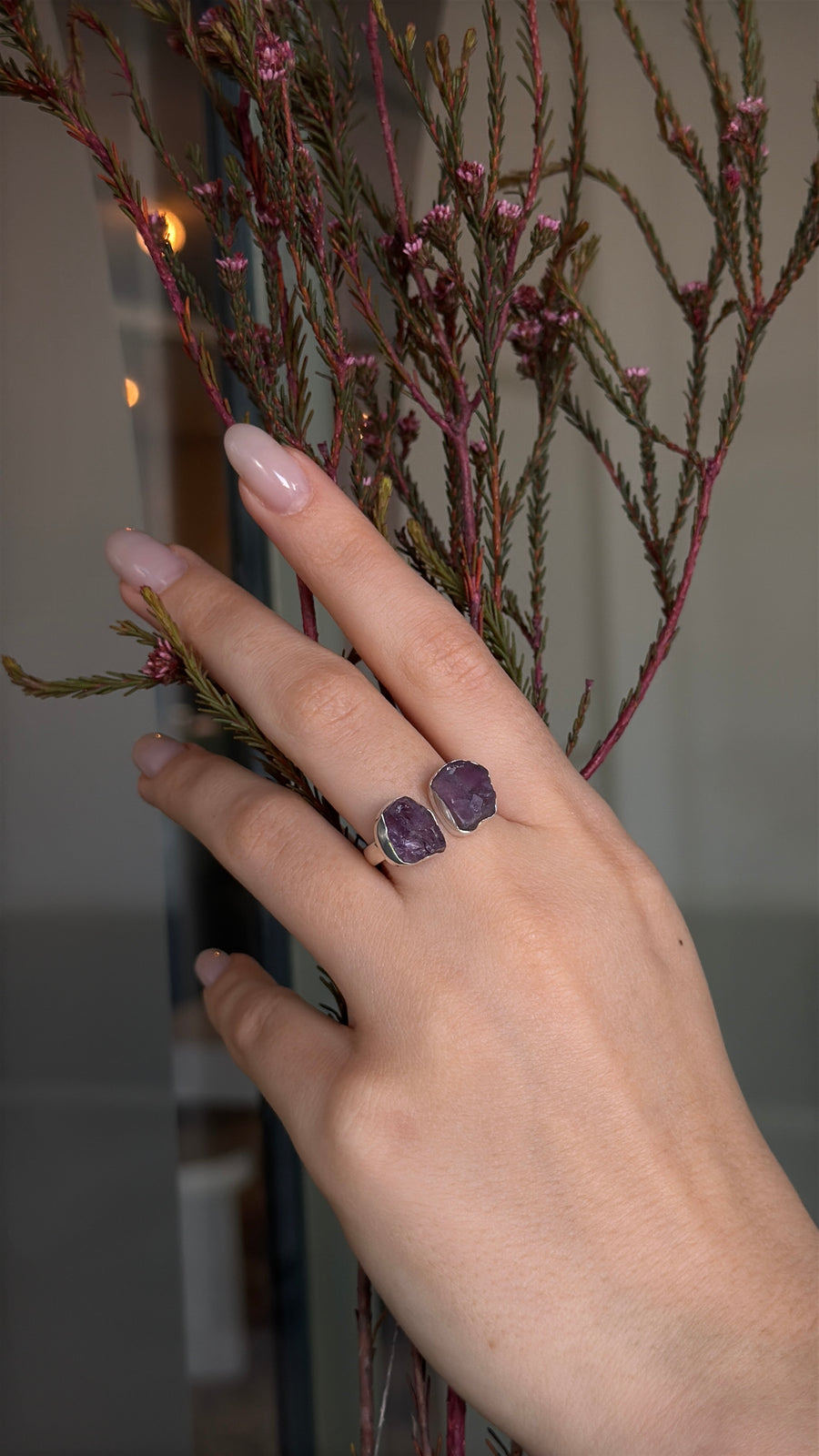 Amethyst double silver ring