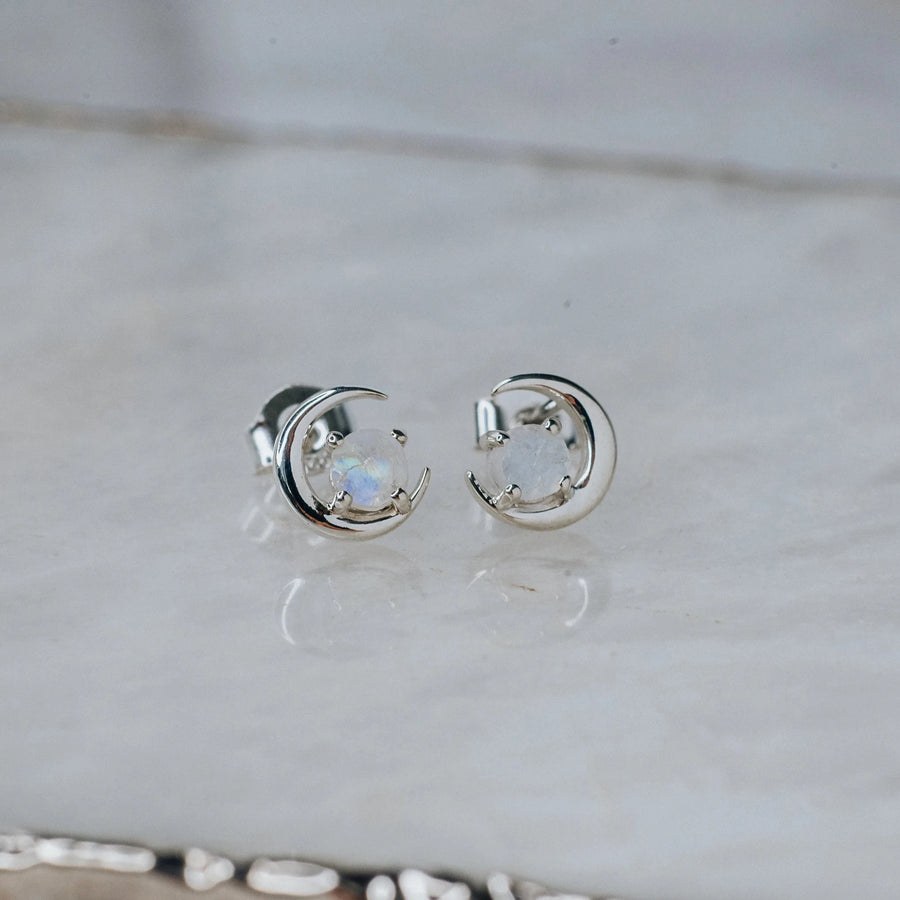 Moon shaped moonstone stud earrings