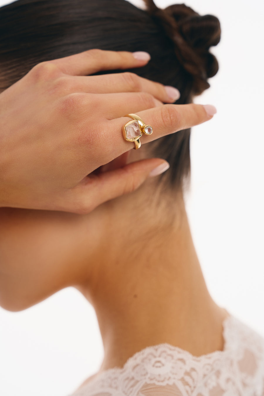Clear quartz combination 18K double ring