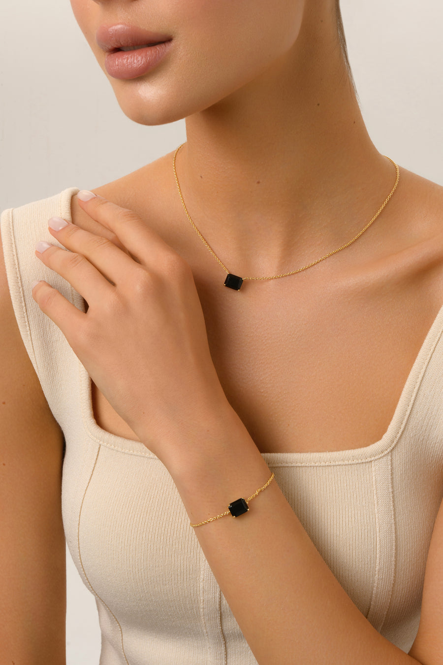 Black onyx 14K plated rectangular bracelet