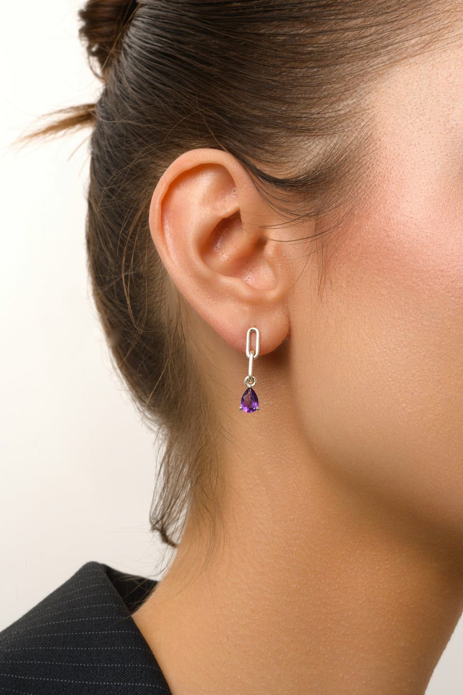 Link drop silver amethyst earrings