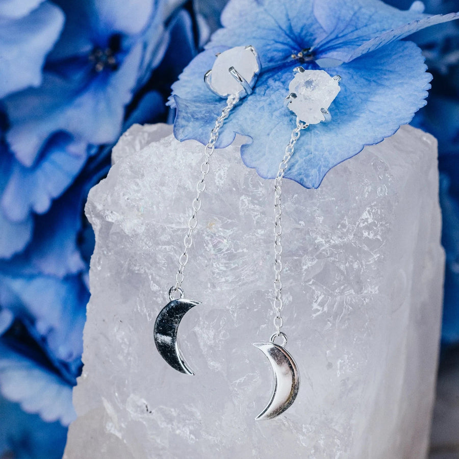 Moon shaped raw moonstone drop earrings