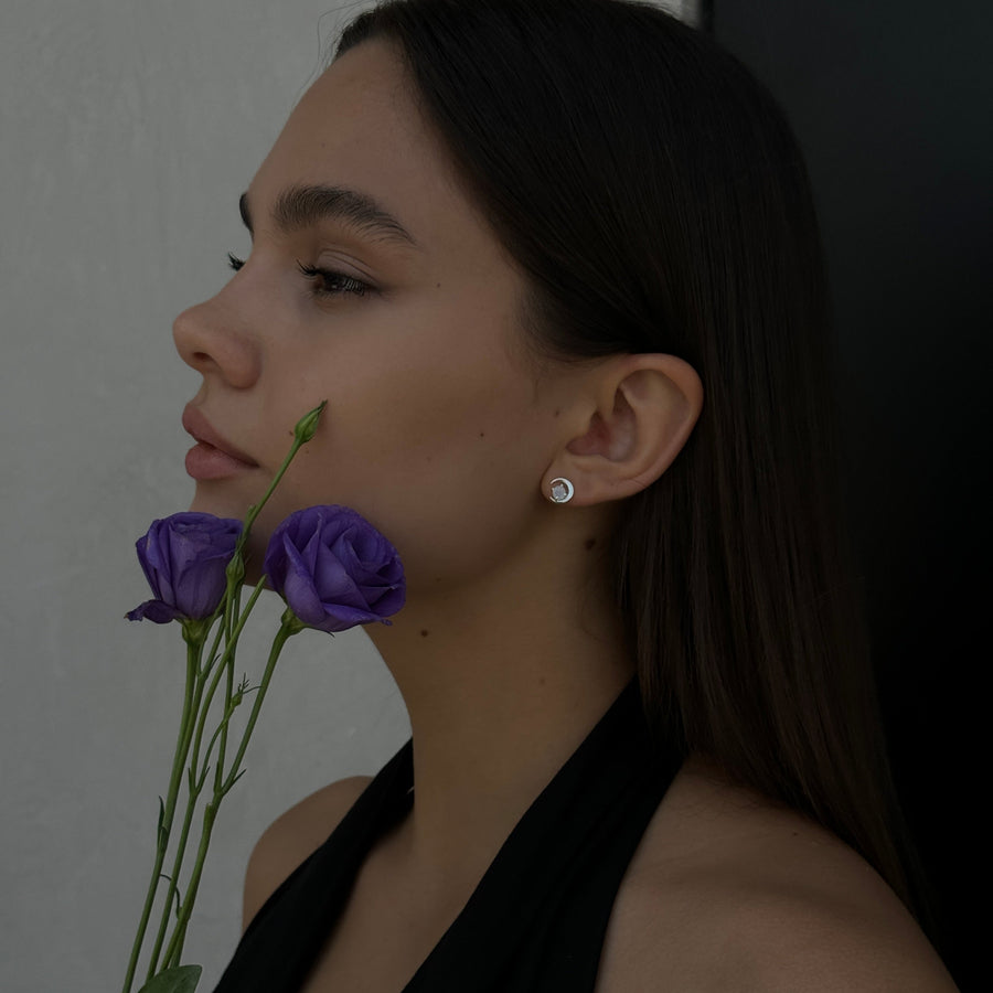 Moon shaped moonstone stud earrings