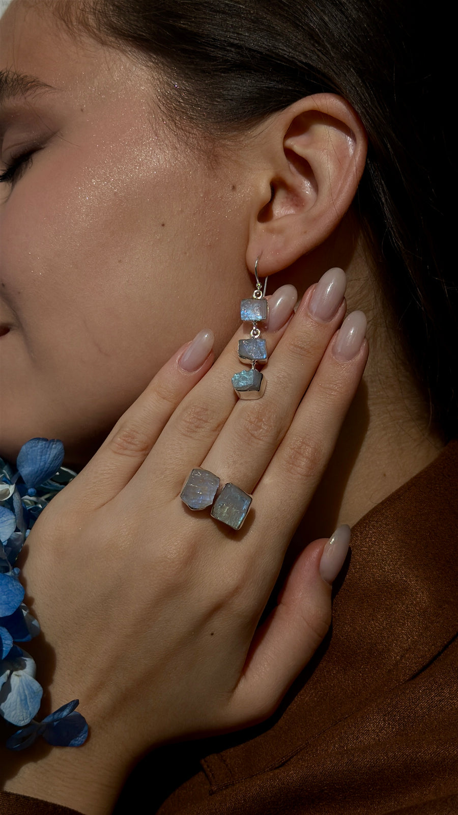 Moonstone triple silver earrings