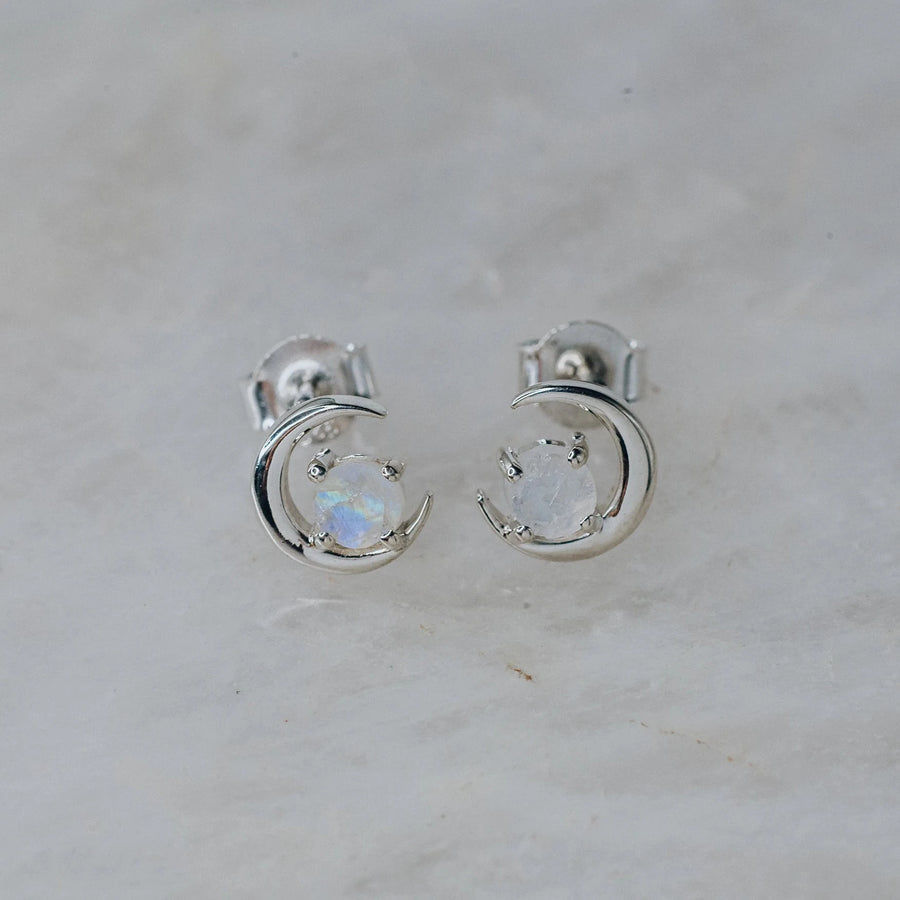 Moon shaped moonstone stud earrings