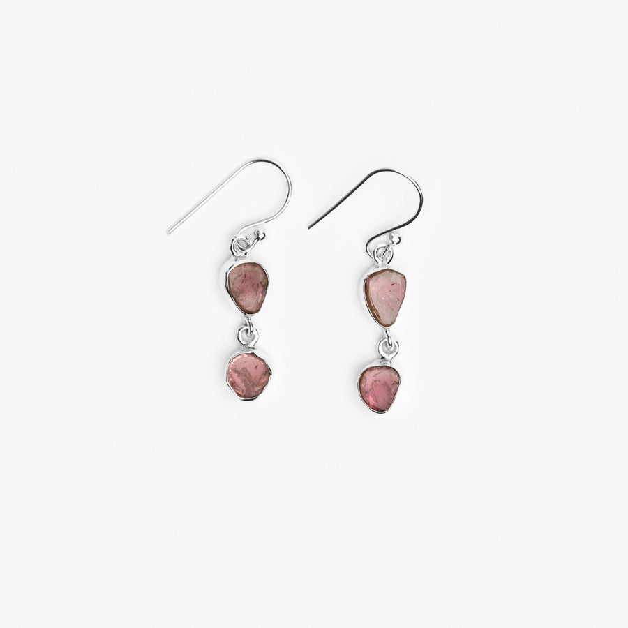 Boucles d'oreilles argentées double en tourmaline rose