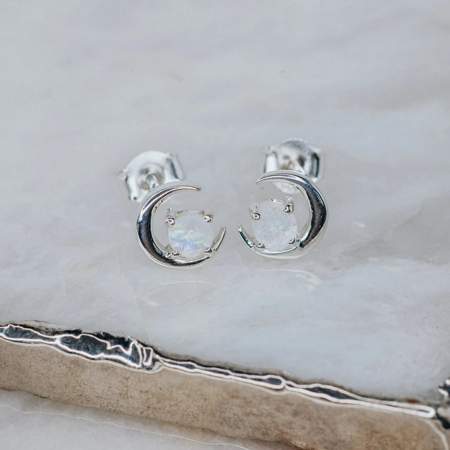 Moon shaped moonstone stud earrings