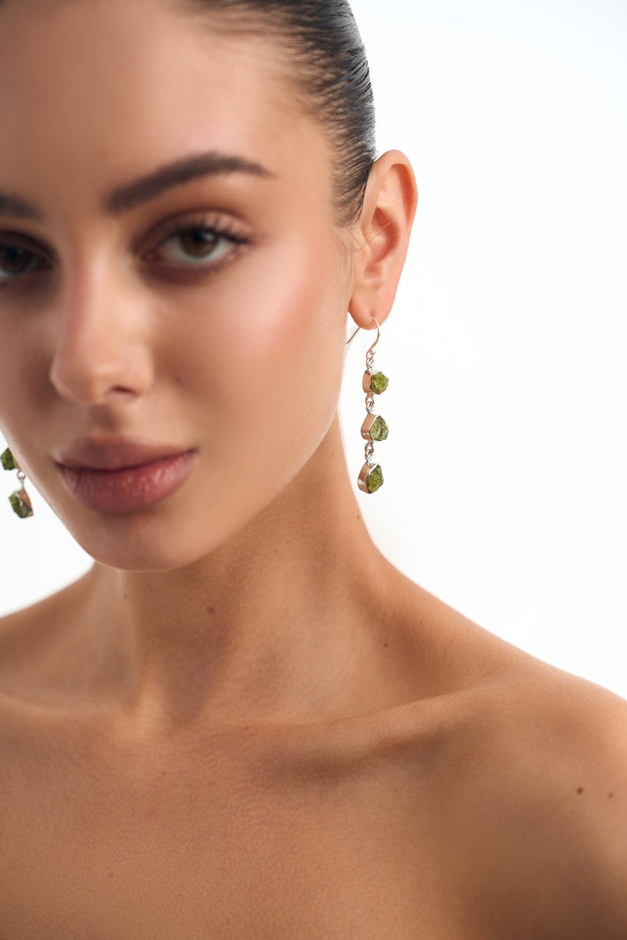 Boucles d'oreilles argentées triple en péridot