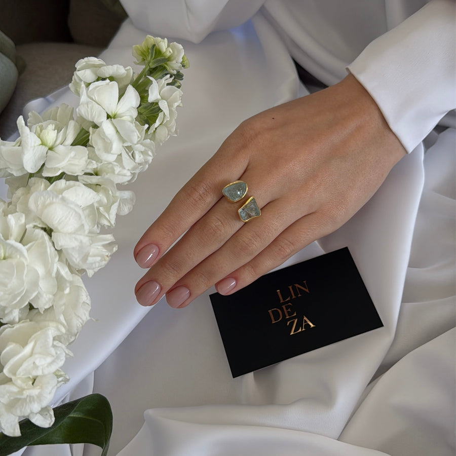 Bague double en Aigue-Marine plaquée or 18K