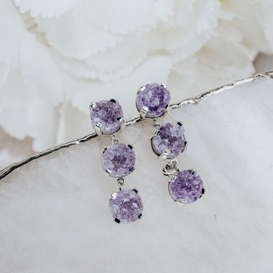 Triple amethyst silver earrings