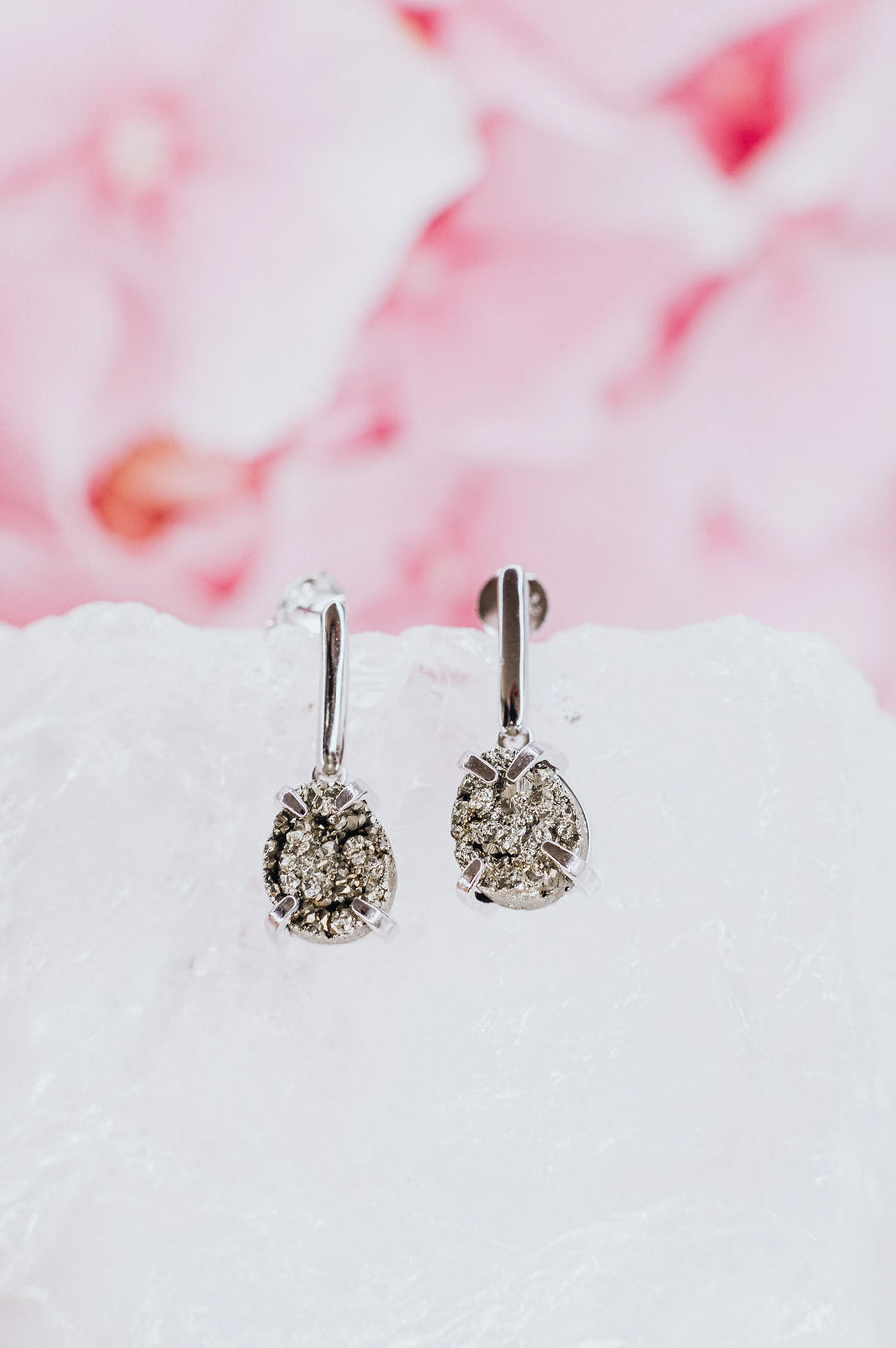 Boucles d'oreilles pendantes larme en argent et pyrite