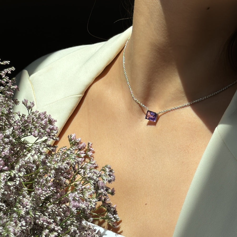 Amethyst silver rectangular necklace