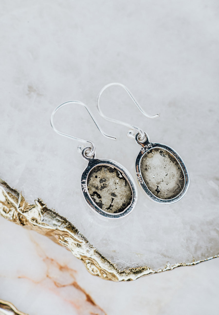 Pyrite oval hook silver earrings