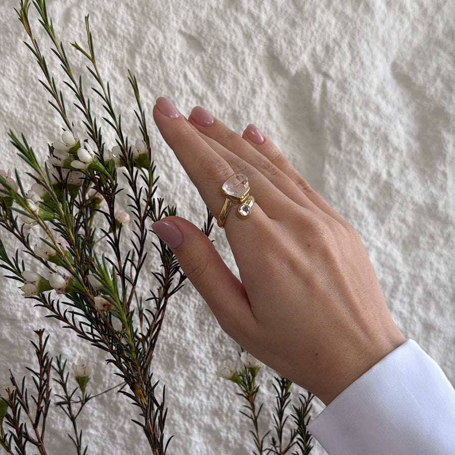 Clear quartz combination 18K double ring