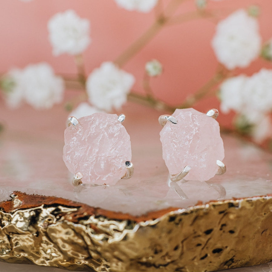 Rose quartz raw silver earrings
