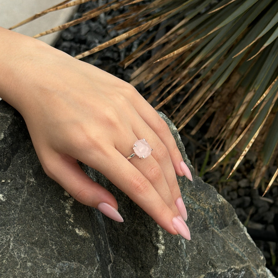 Rose quartz adjustable raw silver ring