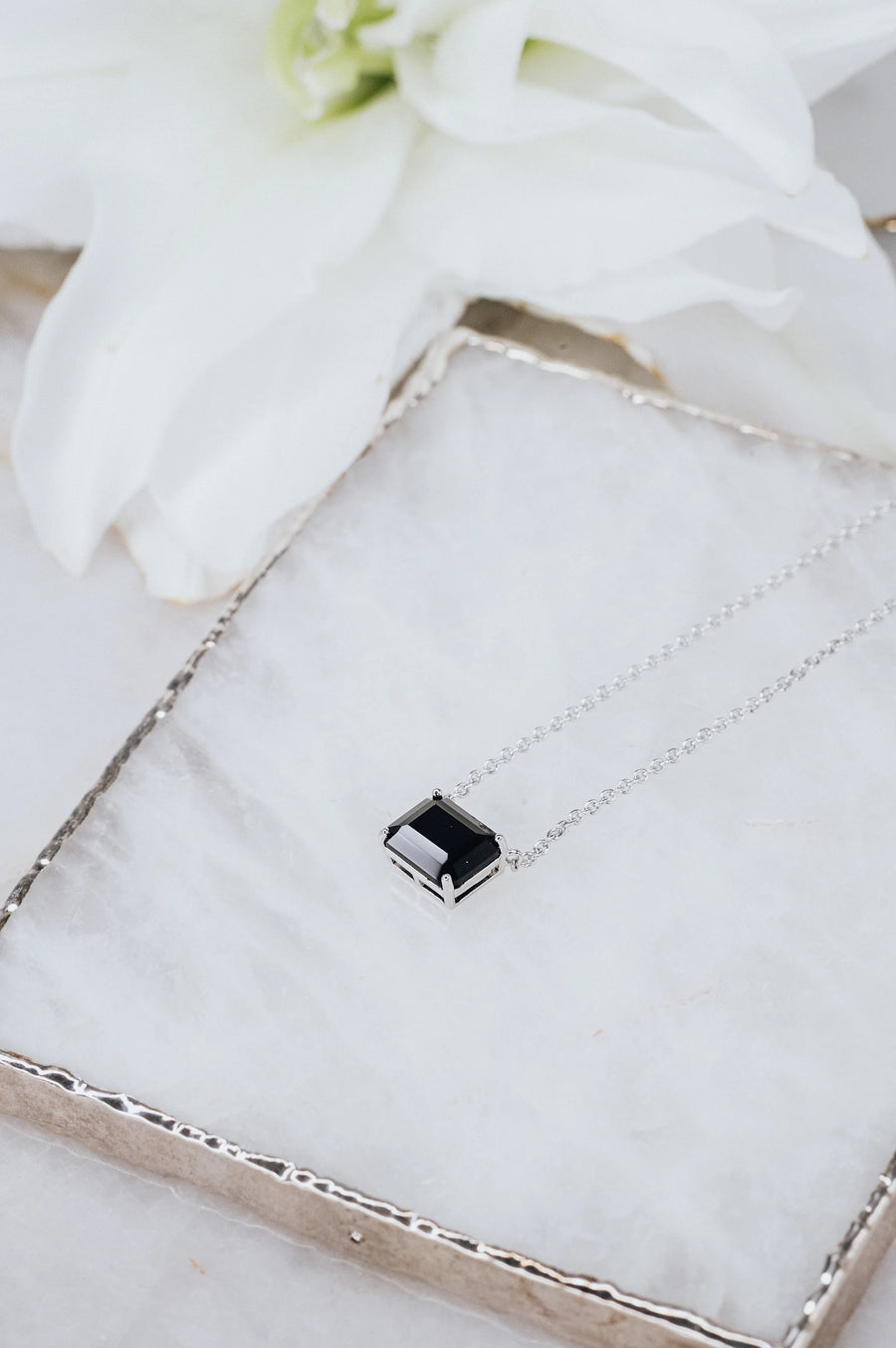 Black onyx silver rectangular necklace