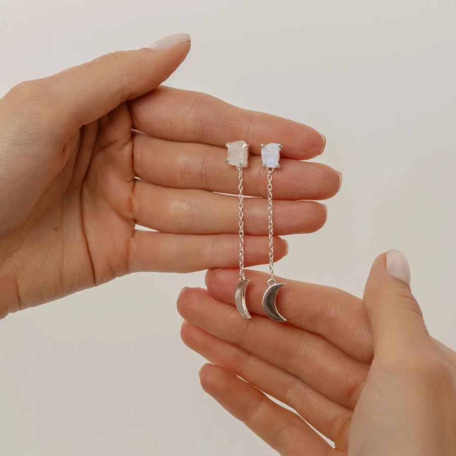 Moon shaped raw moonstone drop earrings