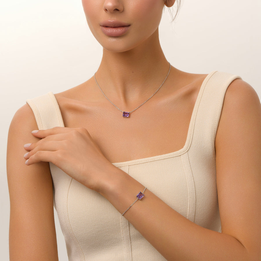 Amethyst silver rectangular necklace