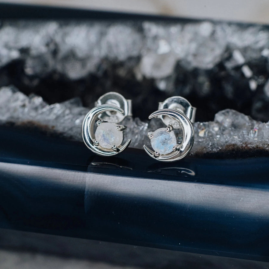 Moon shaped moonstone stud earrings