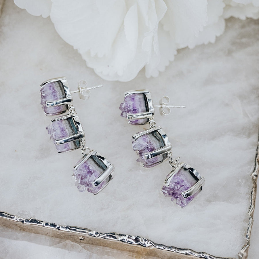 Triple amethyst silver earrings