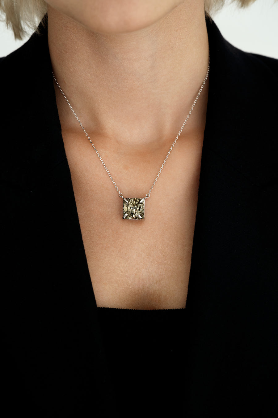 Pyrite square silver necklace